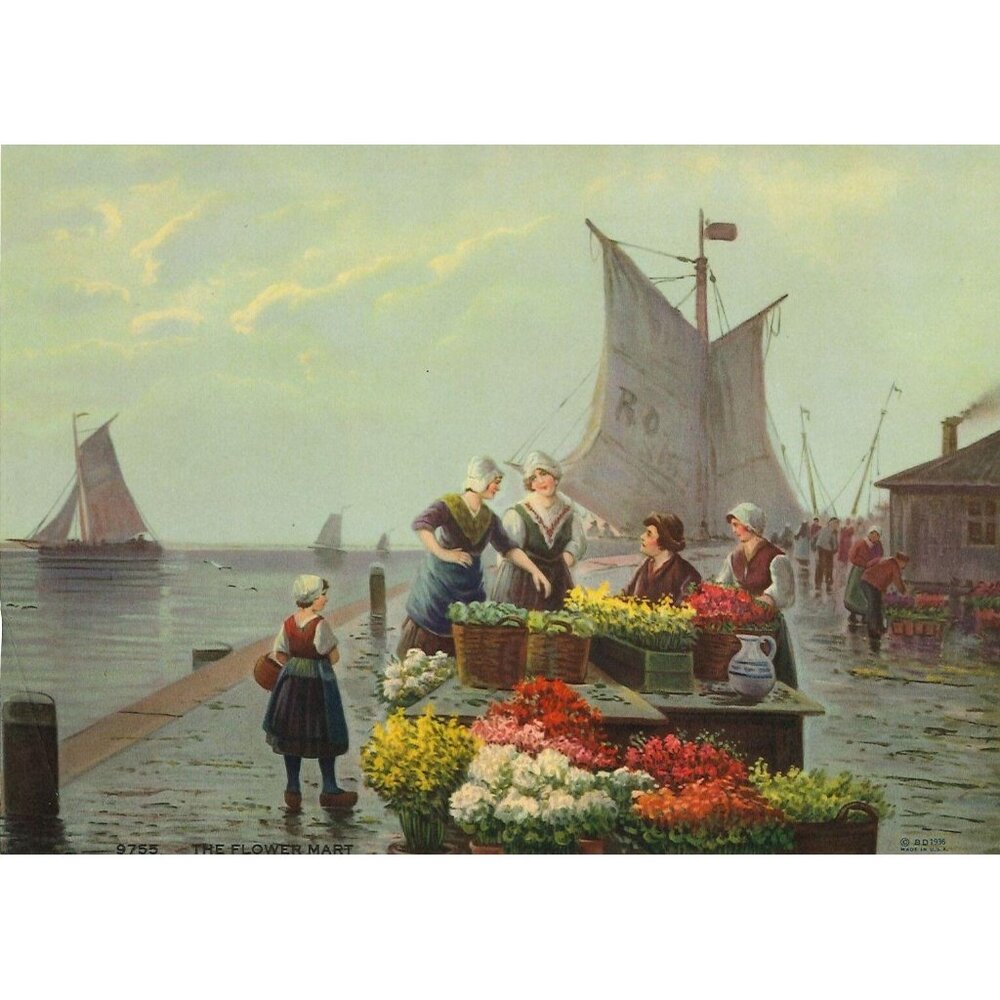 Vintage Calendar Print "The Flower Mart" 6 x 7.75